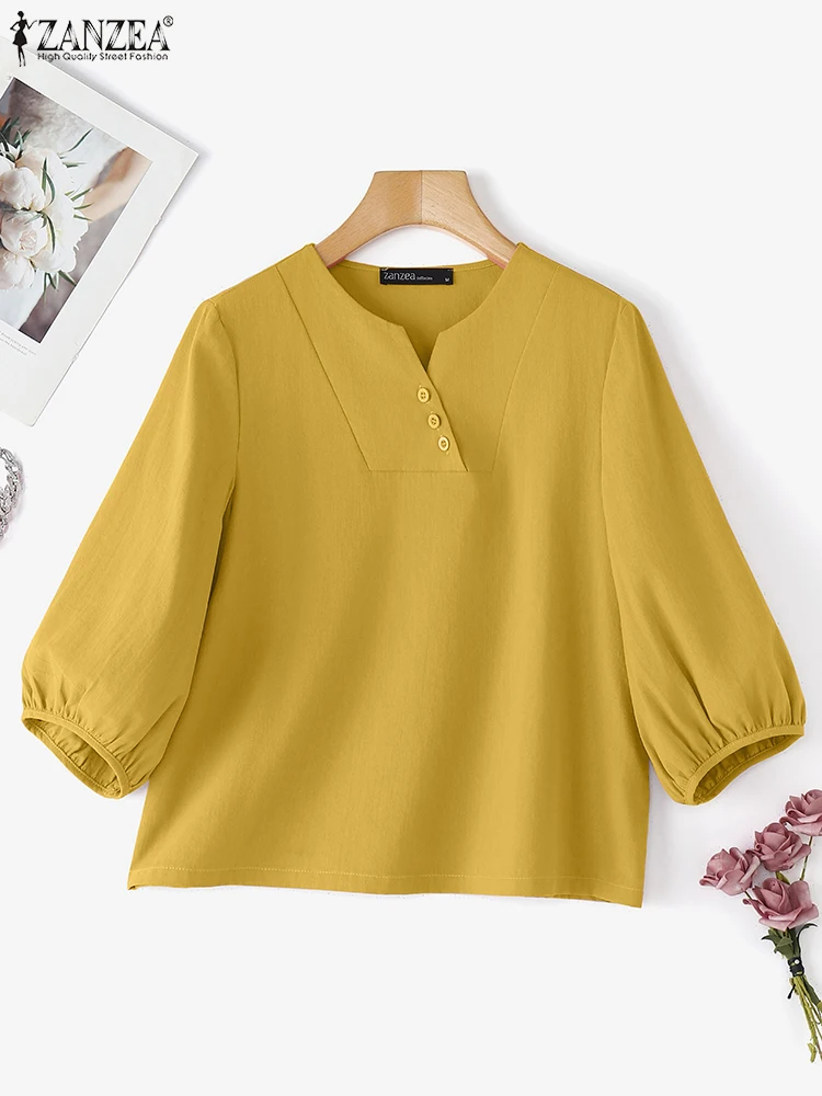 

ZANZEA Vintage Cotton Blouses Women Autumn 3/4 Puff Sleeve Shirts 2025 V-Neck Casual Loose Solid Color Tunic Tops Korean Blusas