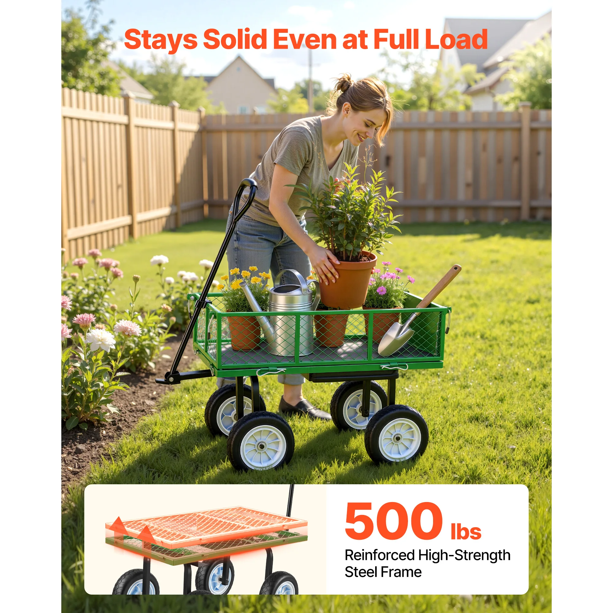 Garden Cart with Seat, 500 LBS, Rolling Steel Garden Work Seat with Wheels, Heavy-Duty Gardening Stool, Outdoor Yard Wagon, Patio, Backyard, Green, Featuring Tool Tray & Adjustable Handle