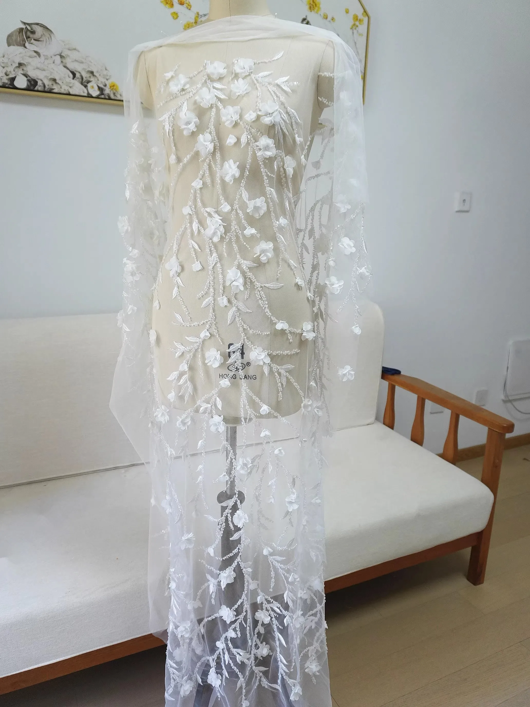 

Новая сетчатая ткань Dingzhu с объемной цветочной вышивкой, 1 ярд, для пошива платьев, юбок, аксессуаров, ткань для рукоделия