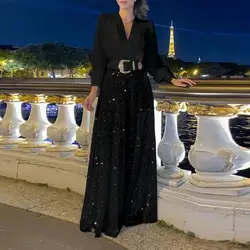 Ladies Jumpsuit V Neck Jumpsuit Elegant Sequin Wide Leg Jumpsuit with Lantern Sleeves for Women V Neck Party Culottes for Ladies