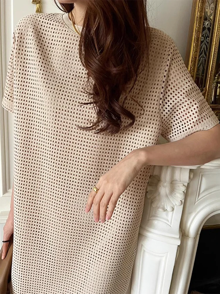 Chique Vintage ronde Ne Loose Casual Hollow out ort Sve Straight Tube Dr Dames Lente Dr Koreaanse Sle Long Dr