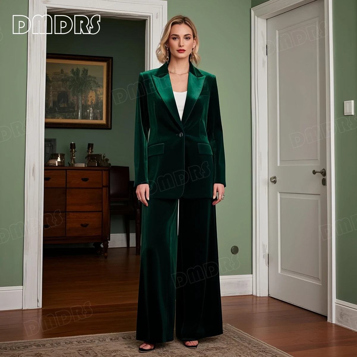 Emerald Soft Velvet Suit Set for Women, One Button Slim Fitting Blazer and Wide Flare Trousers, Autumn Customized Prom Suits