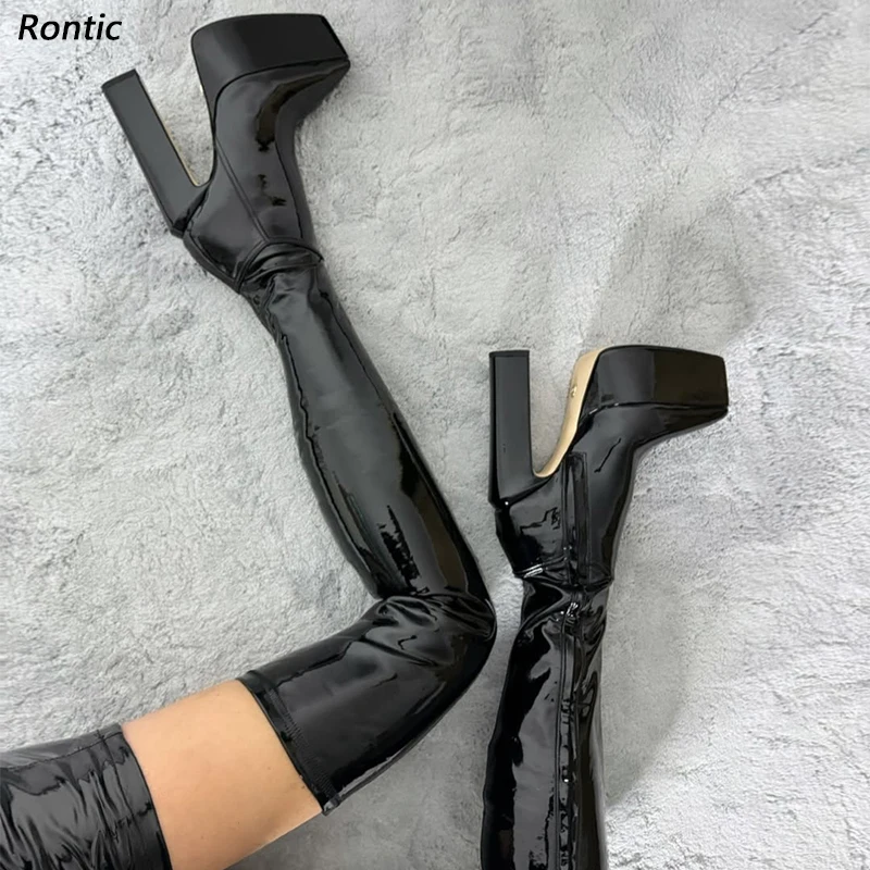 

Rontic Women Black Platform Over The Knee Boots - Handmade Patent Leather Block Heel OTK Boots Shoes US Size 36-43