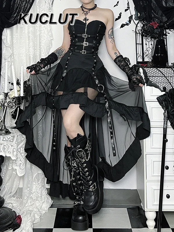 

Y2k женские комплекты из двух предметов в готическом стиле, топ без бретелек с рыбьей косточкой и длинная юбка, летний модный повседневный костюм для женщин