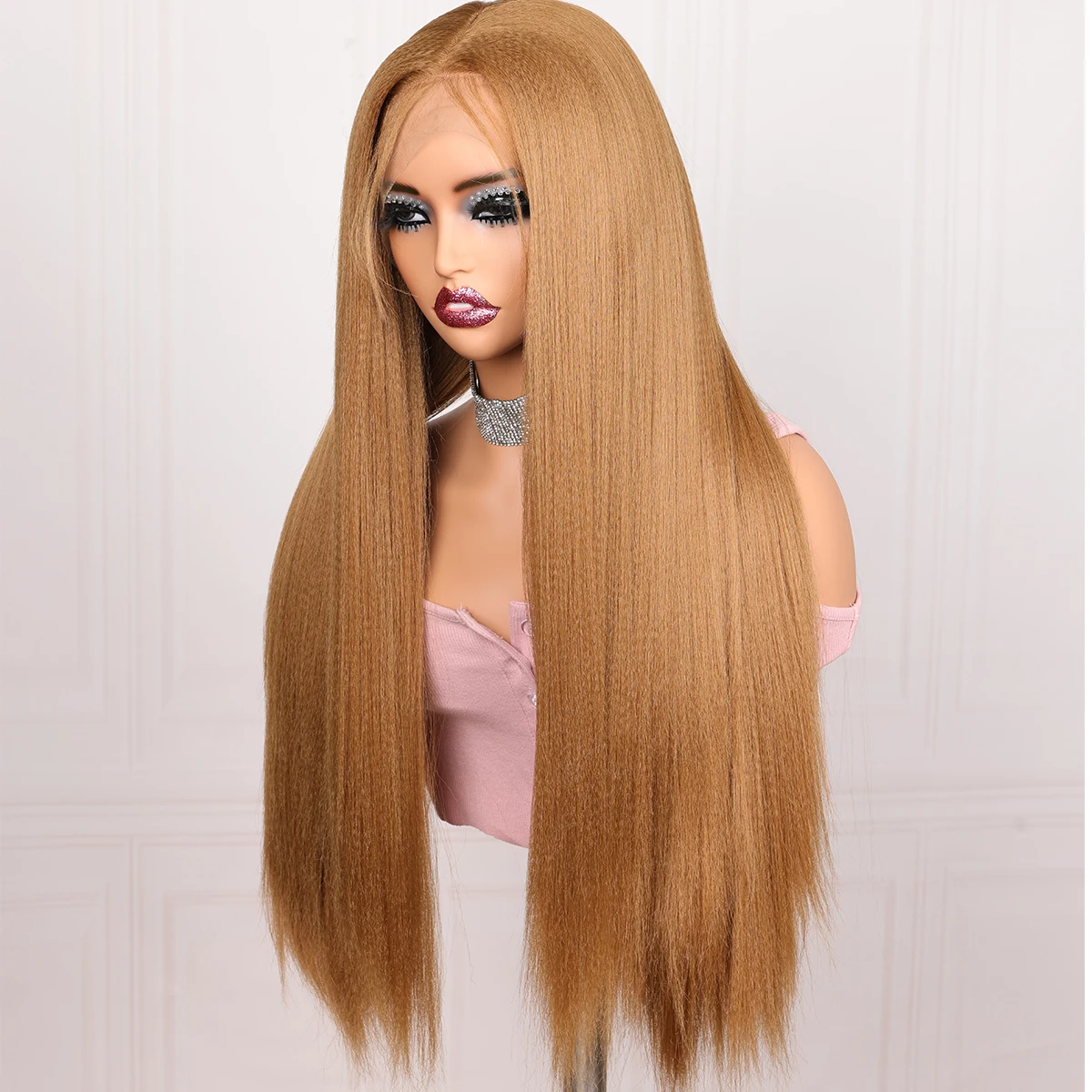 Soft Yaki 180Density 26Inch Long Honey Blonde Kinky Straight Lace Front Wig For Women With Baby Hair Preplucked Daily Glueless