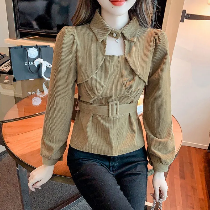 

Hollow Out Female Tops Basic Simple Cheap Stylish Elegant Chic Streetwear Pretty Youthful Tall Corduroy Women's Shirt and Blouse