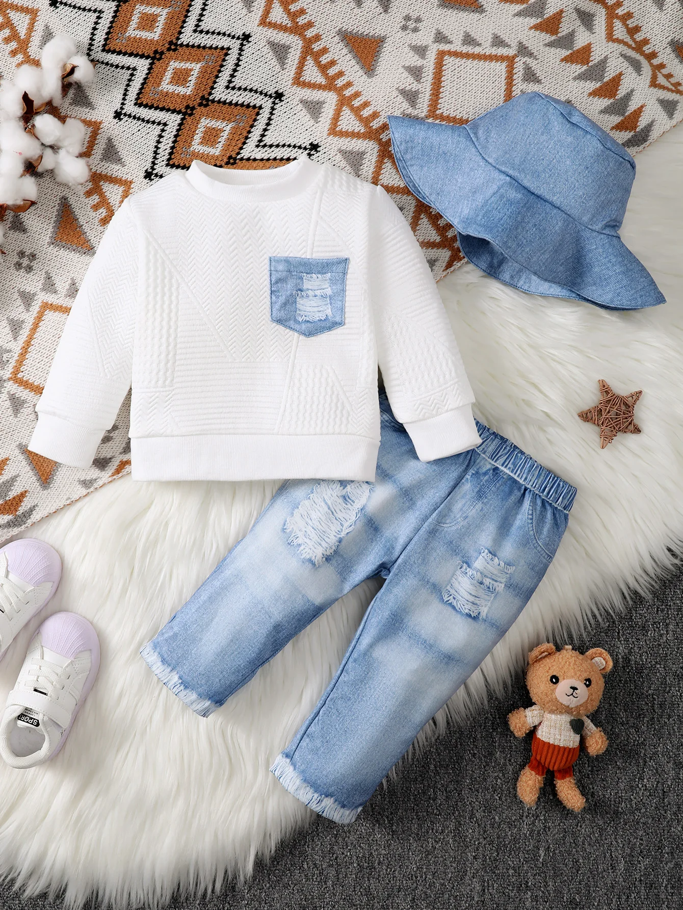 

Комплект из 3 предметов: Детский джинсовый костюм в стиле текстурного денима, модный и стильный, для малышей