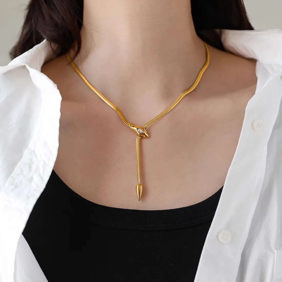 

316L Stainless Steel Snakehead Shining Zircon Necklace Trendy Neck Chain Choker Collar Waterproof Jewelry For Women