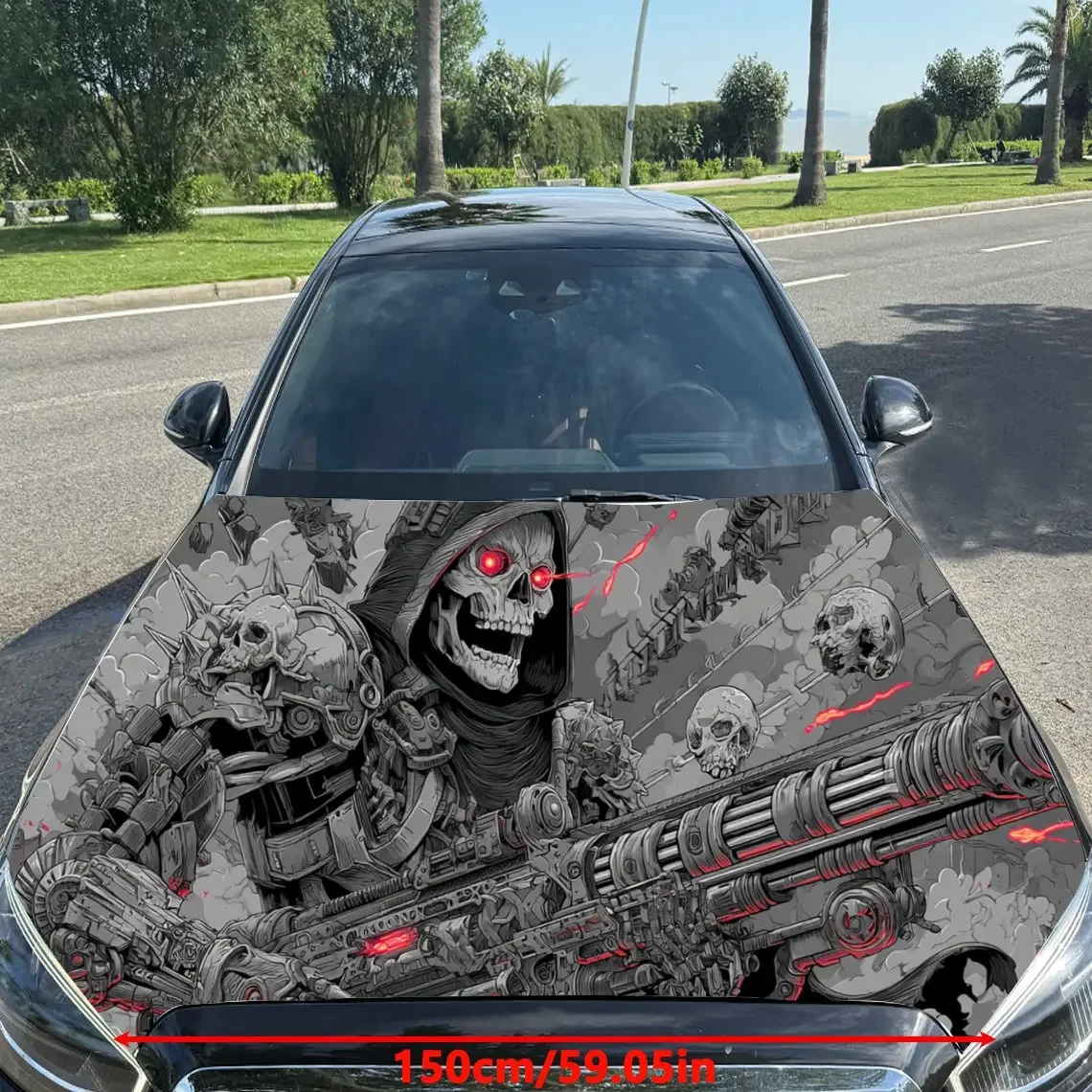 Charming Mechanical Skull in a Sci - Fi Art Scene PVC Car Engine Hood Vinyl Wraps, Self-Adhesive Waterproof Car Hood Decal Stick