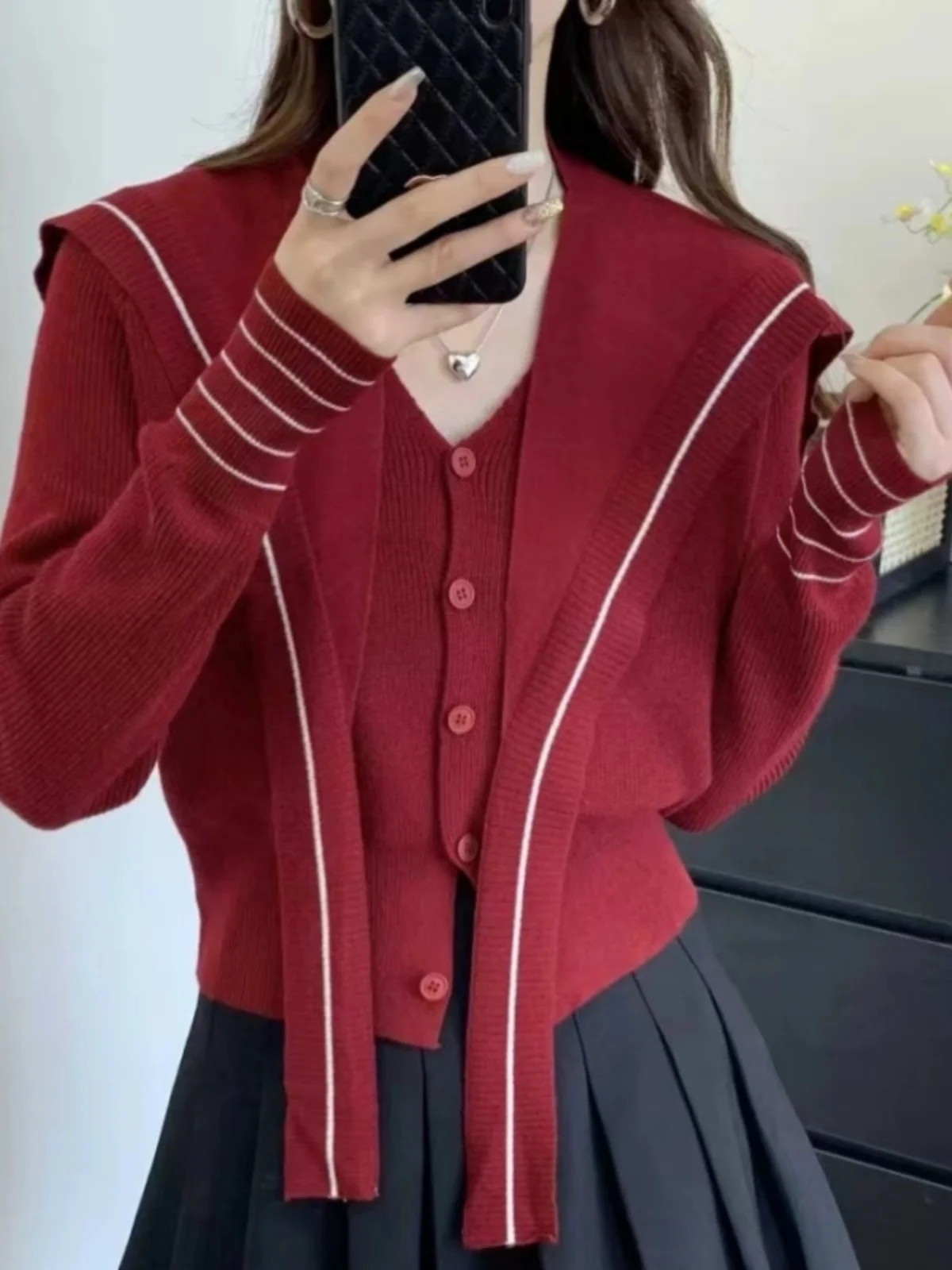 ay البحرية طوق محبوك سترة المرأة الخريف الشتاء ort سترة V-ne تنوعا قطعتين مجموعة تخفيف Sle طويل Sve