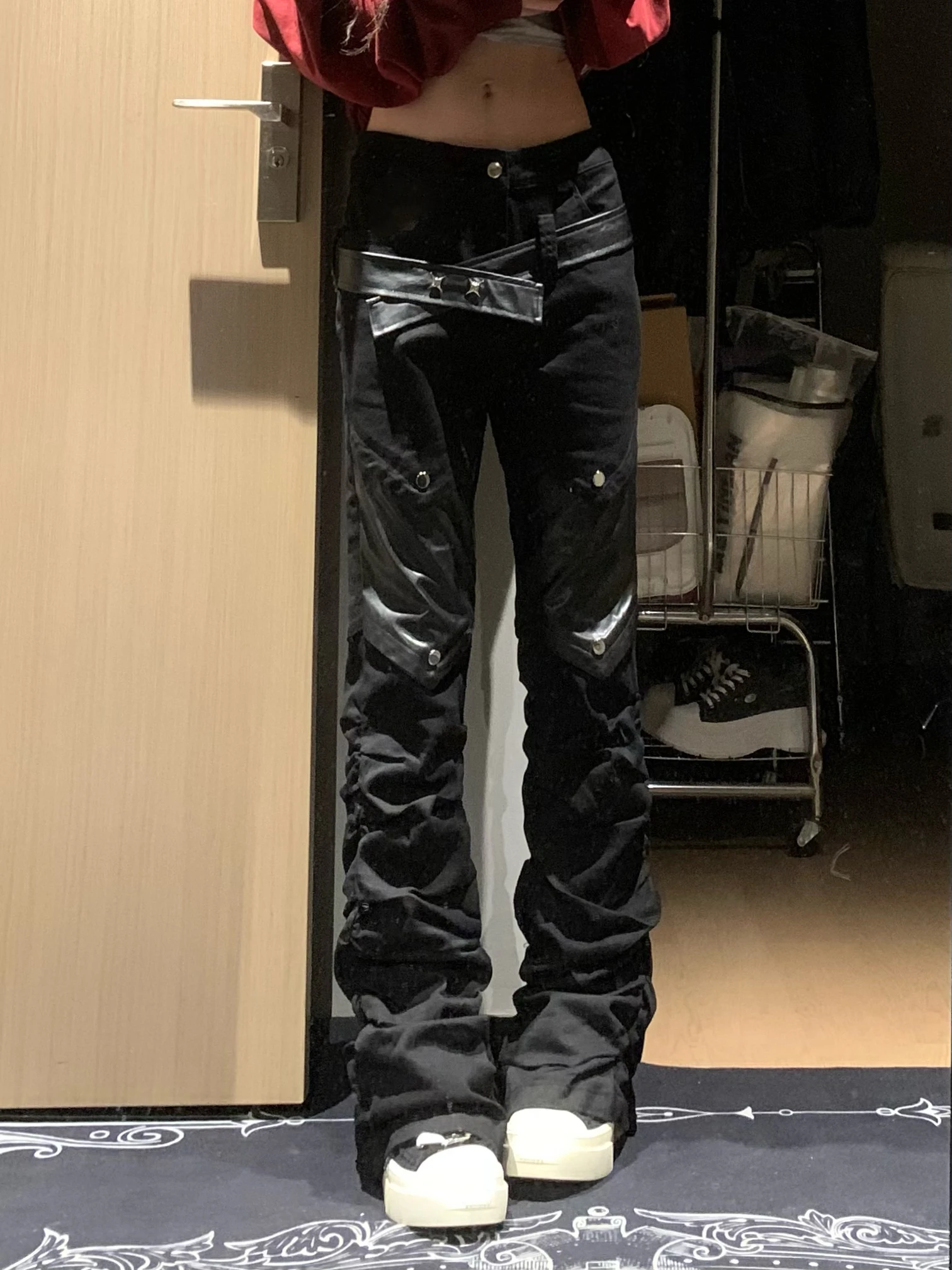 

Retro Patchwork Leather Design Jeans Men's Loose Casual Straight Leg Slimming Long Trousers Trendy High Street Style