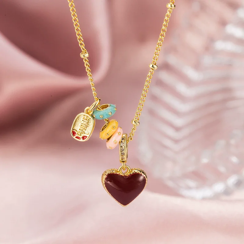 925 Sterling Silver Colorful Heart Double-Sided Pendant Necklace for Women Delicate Sweater Chain Versatile Sweet Jewelry