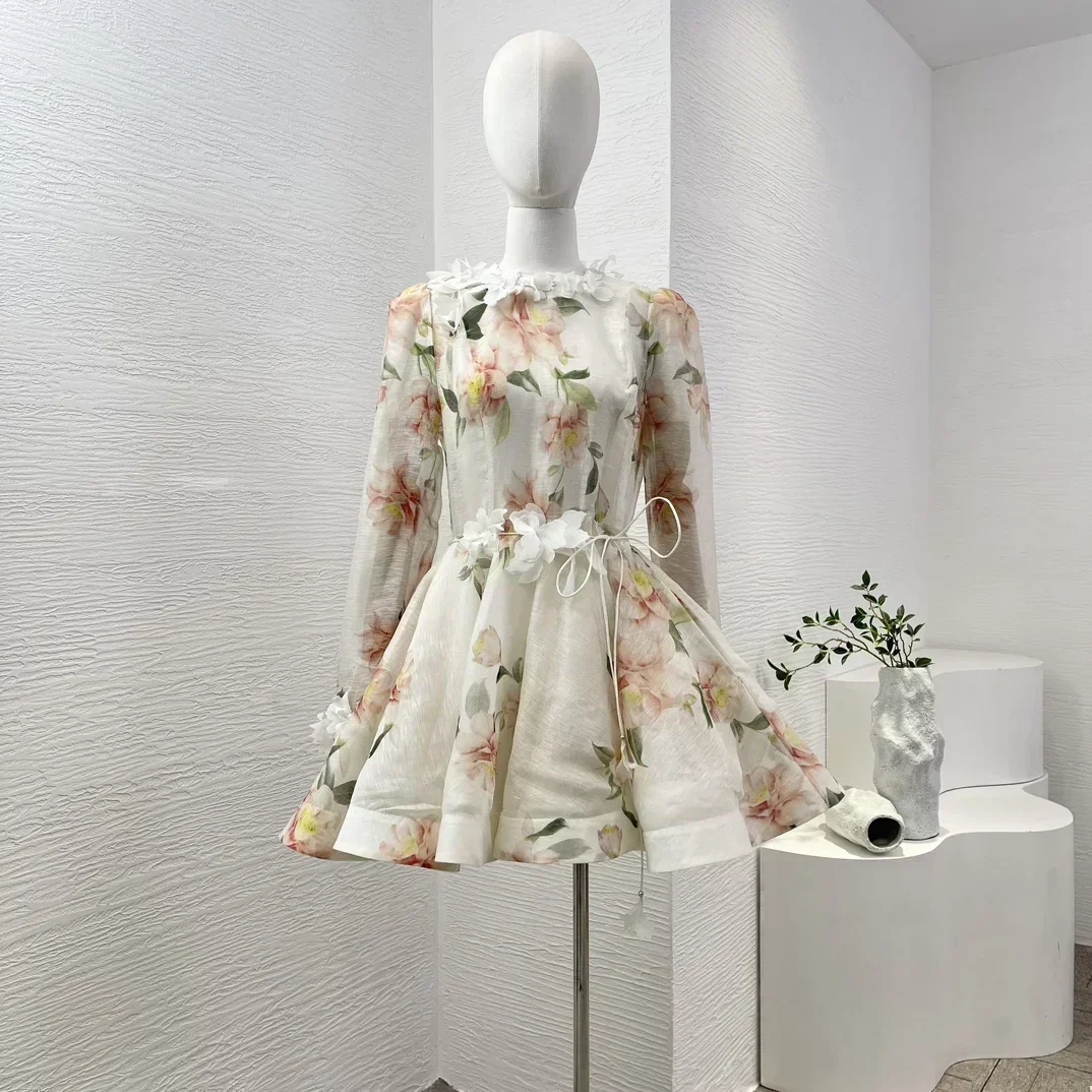 2024 New Summer White High Quality Linen Silk long Sleeve Floral Print 3D Flower Decoration Women Elegant Mini Dress