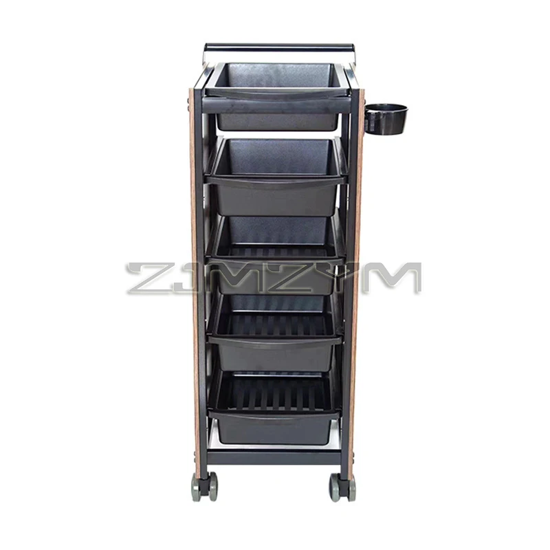 Hair Salon Trolley With Wheels Multifunctional Beauty Plastic And Wood Salon Furniture Ironing Dyeing Oil Storage Shelf