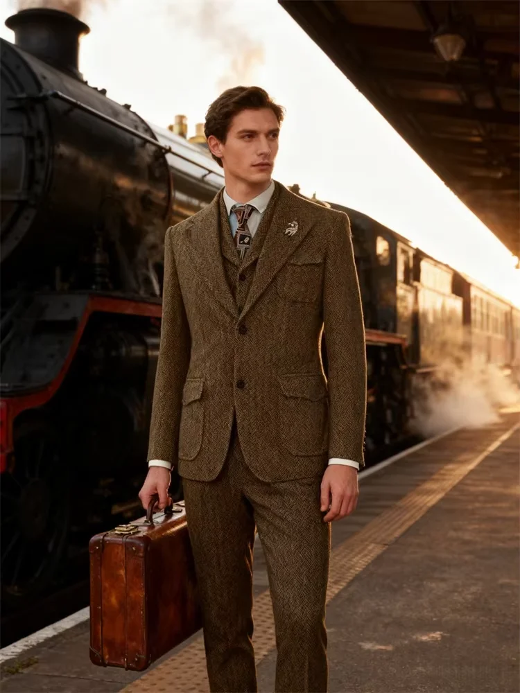 2026 New Classic Herringbone Elegant Man Suit Sets High Quality Luxury Men's Suits Wedding Dress 3 Piece Set Jacket Vest Pants
