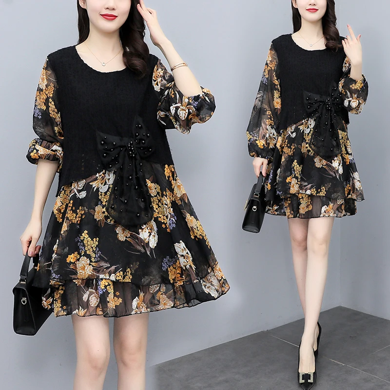 

2023 New Spring Autumn Dress For Women Clothing Korean Loose Slim Oversize Bowknot Dress bd713