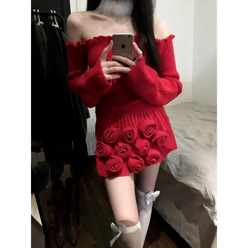 Christmas Red Knitwear Dress Sets Off-shoulder Slim Knitted Sweater Top Short Appliques Skirt 2024 Autumn Women's Two-piece Suit