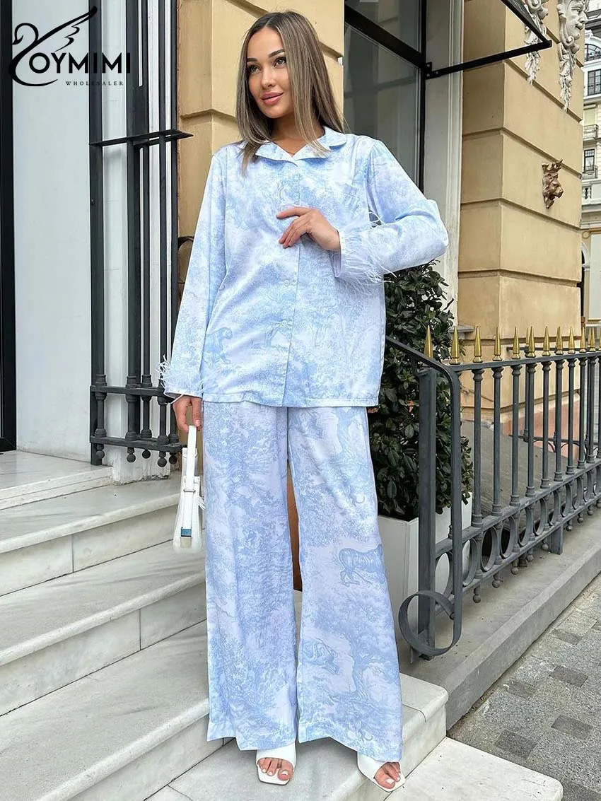 

Oymimi Casual Blue Print Women 2 Piece Set Outfit Fashion Long Sleeve Button Feathers Shirts And Straight Full Length Pants Sets