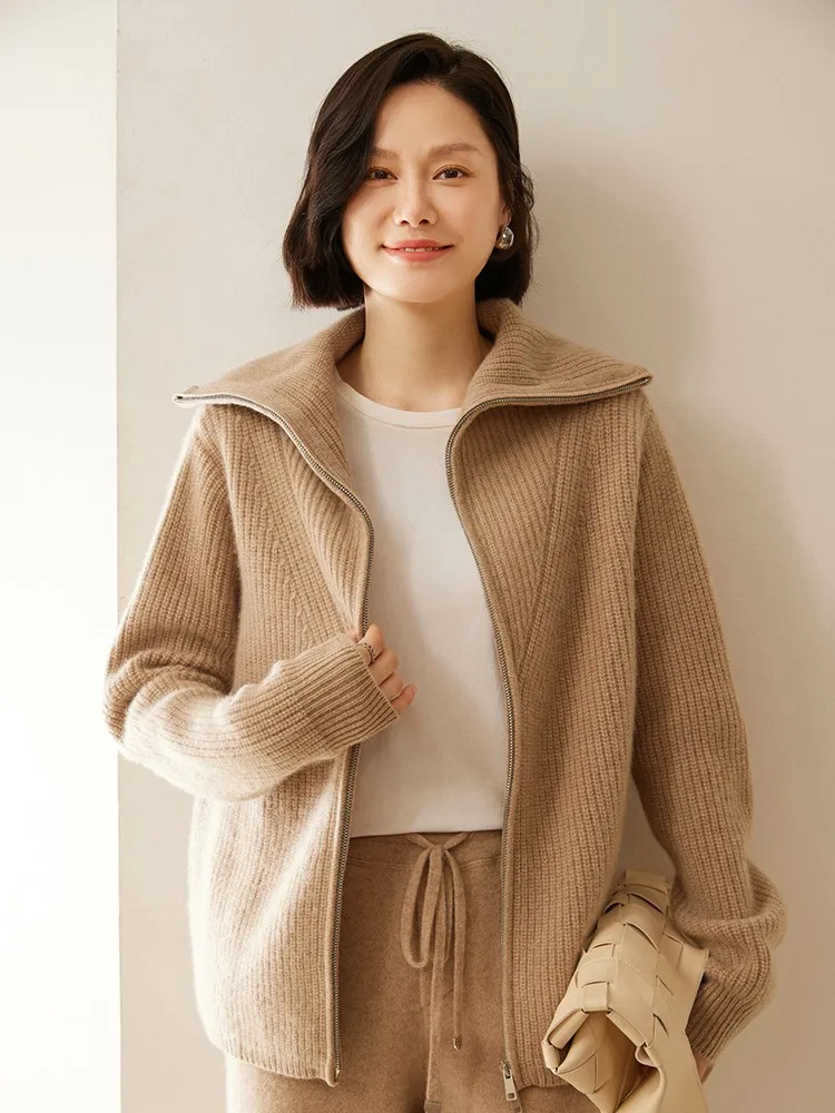 New Women 100% Cashmere Sweater Turn-down Collar  Knit Zipper Cardigan Preppy Style Autumn Winter Cashmere Knitwear Thick Tops