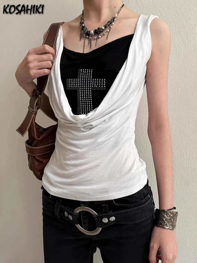 

Fake Two Pieces Cross Diamond Camisole Vintage Contrast Color Patchwork T-shirt 2025 Summer Y2k Aesthetic Pleated Grunge Vest