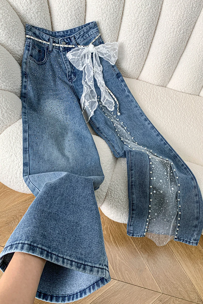 Lace Spliced Rhinestone Jeans Women Hollow Out Pearls Split Wide Leg Pants Spring Temperament High Waist Denim Drag Trousers
