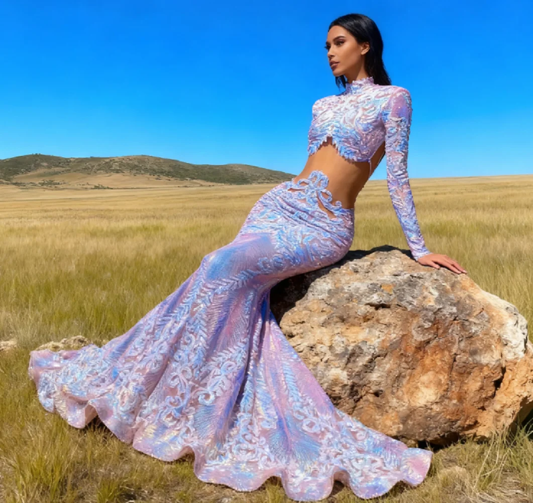 

Блестящие платья для выпускного вечера с пайетками 2025, черные платья русалки для девочек с прозрачным V-образным вырезом и длинными рукавами, африканские вечерние платья для выпускного по индивидуальному заказу