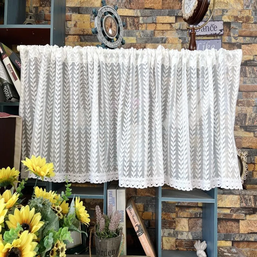

Белая кружевная прозрачная занавеска с цветочным рисунком, короткие карманы, оконные занавески для кухни, кабинета, Короткая занавеска