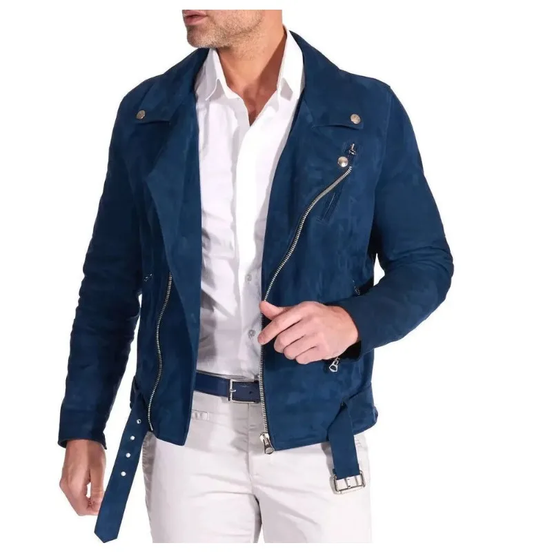 Men's Blue Suede Leather Jacket 100% Pure Soft Suede Leather Motorcycle Fashion Trend