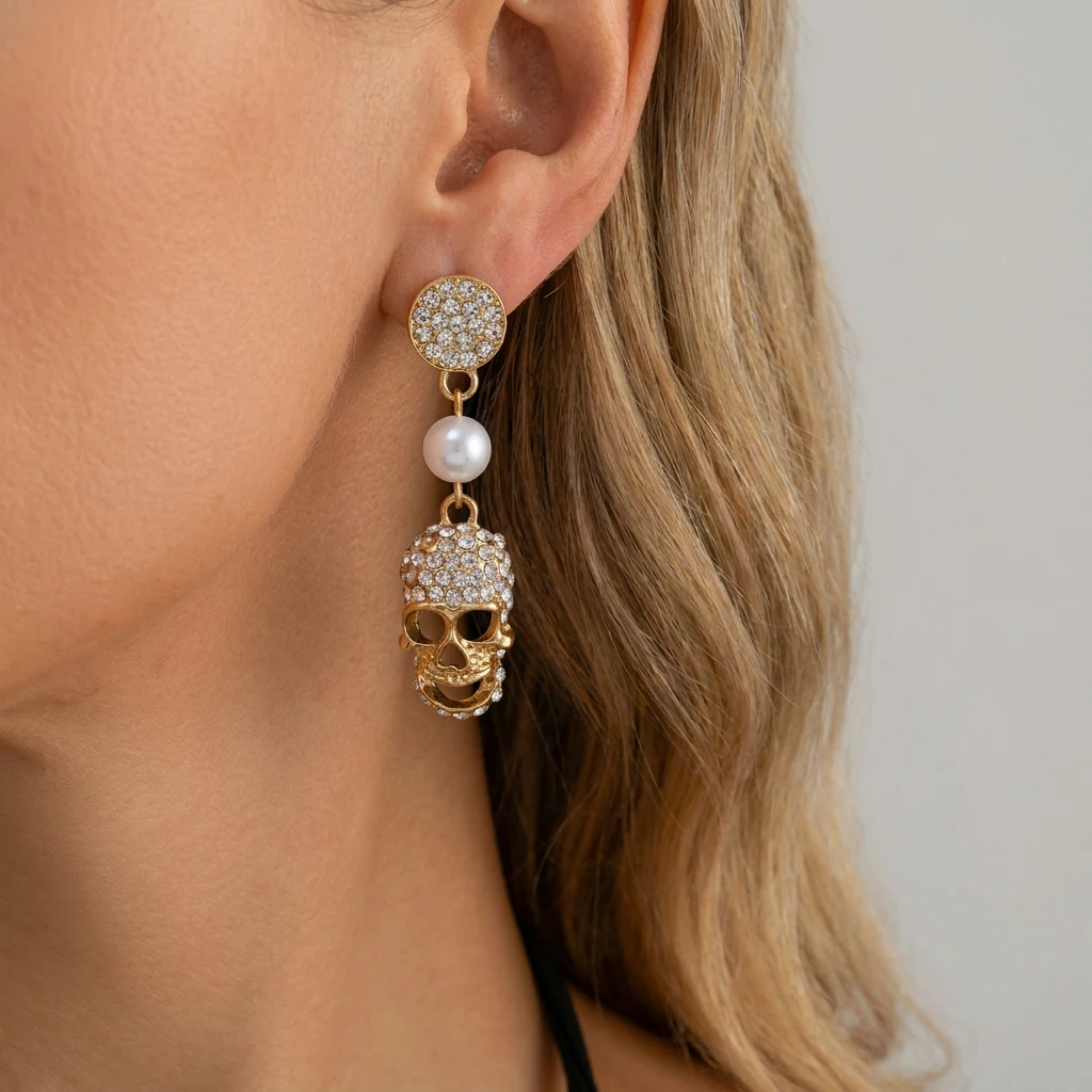 Vollständig mit Strass besetzte Totenkopf-Ohrhänger für Damen, Gothic-Punk-Skelett-Tropfenohrringe, Charms für Halloween, Cosplay, Party-Schmuck – Detail 3