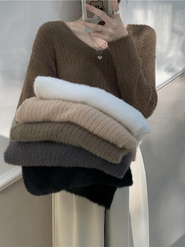 

Мягкий вязаный меховой имитационный свитер V-Ne, женская внутренняя одежда, основа для морских волос, весна-осень, тонкий...