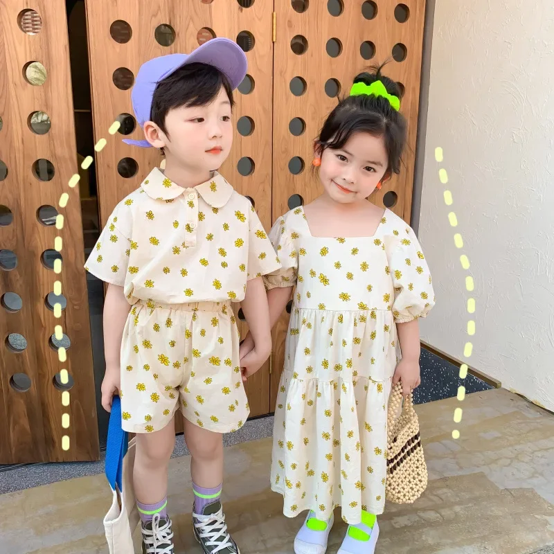 

Brother And Sister Matching Clothes Summer Little Girls One Piece Dresses Kids Boys Top+Shorts 2pcs Sets Korean Children Outfits