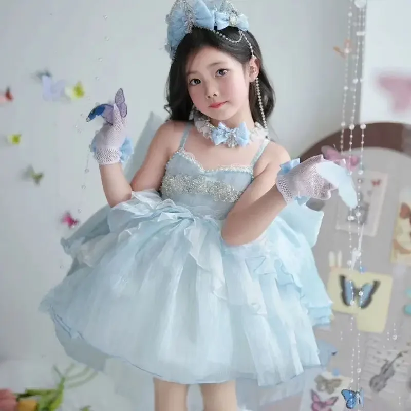 

Летнее синее милое кружевное бальное платье принцессы с цветочным принтом для маленьких девочек, многослойный сарафан с открытой спиной для дня рождения, праздника, вечеринки, детей