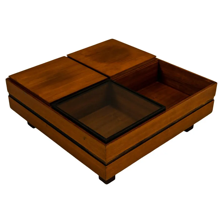 

✗X Modern Vintage Design Tempered Glass Compartmented Coffee Table Chinese Teak Wood Center Tea Table for Living Room&
