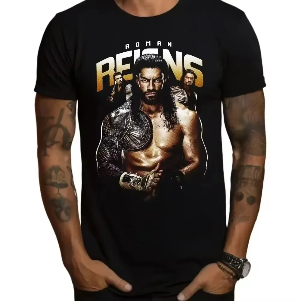 Casual Sports Short Sleeve Men's Summer Cotton Print Running Fitness Ball Roman Reigns Wrestling T-Shirt Black WWE Men Clothing