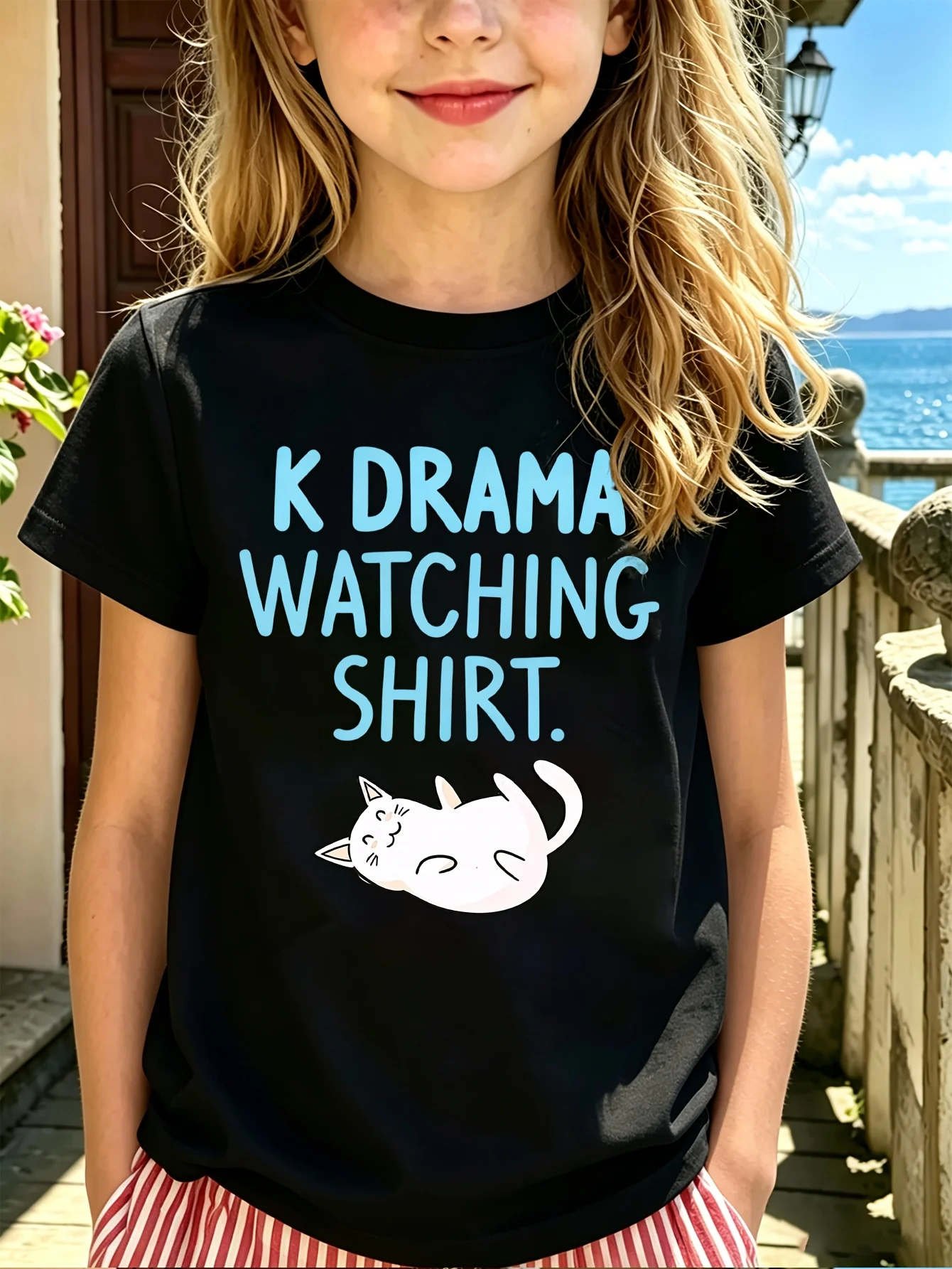 K Drama Watching Shirt Lazy White Cat Letter Graphic Family Matching T Shirt Boys Girls Short Sleeve Summer Crew Neck Casual Top