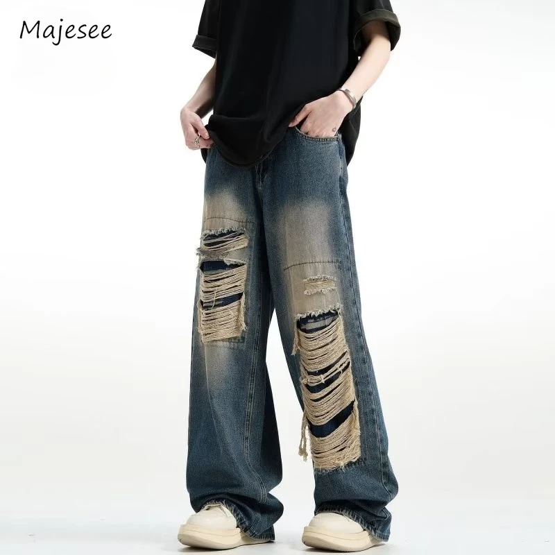 

Worn-out Hole Jeans Men Gothic Broken Vintage American Style Spliced Baggy Gradient Color Washed Spring Autumn Denim Trousers