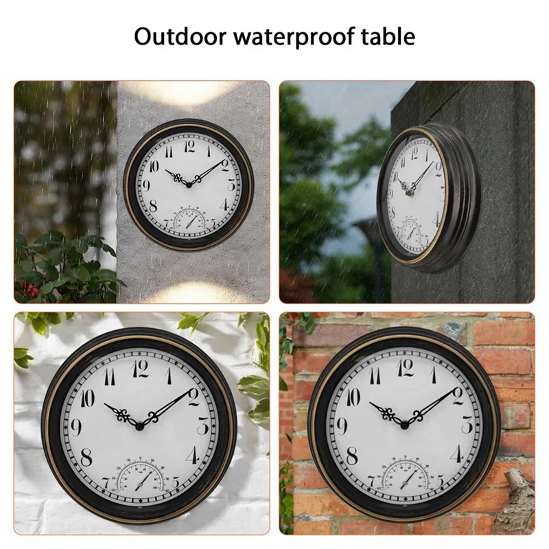 Outdoor Waterproof Wall Clock With Thermometer IP44 Vintage Round Garden Decor Clock 12 Inch Outdoor Clock-ABXK