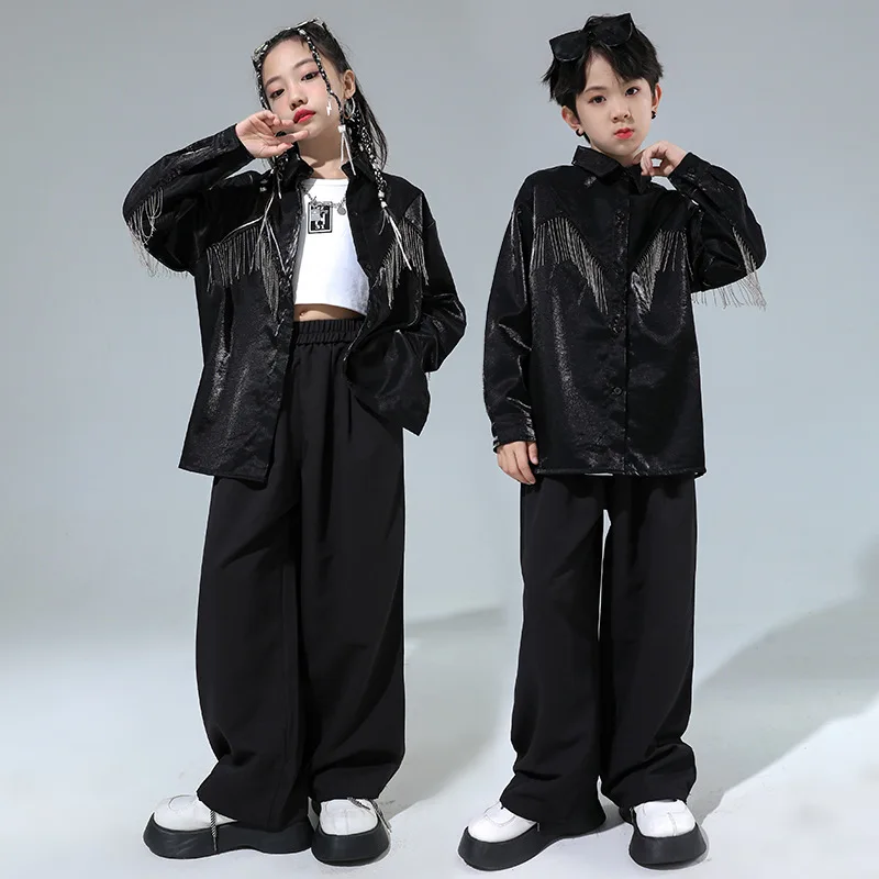 Children's Teen Boy Girl Tassels Long Sleeve Loose Shirt Pant 2 Piece Sets Performance Costume Kids Jazz Hip Hop Dance Clothing