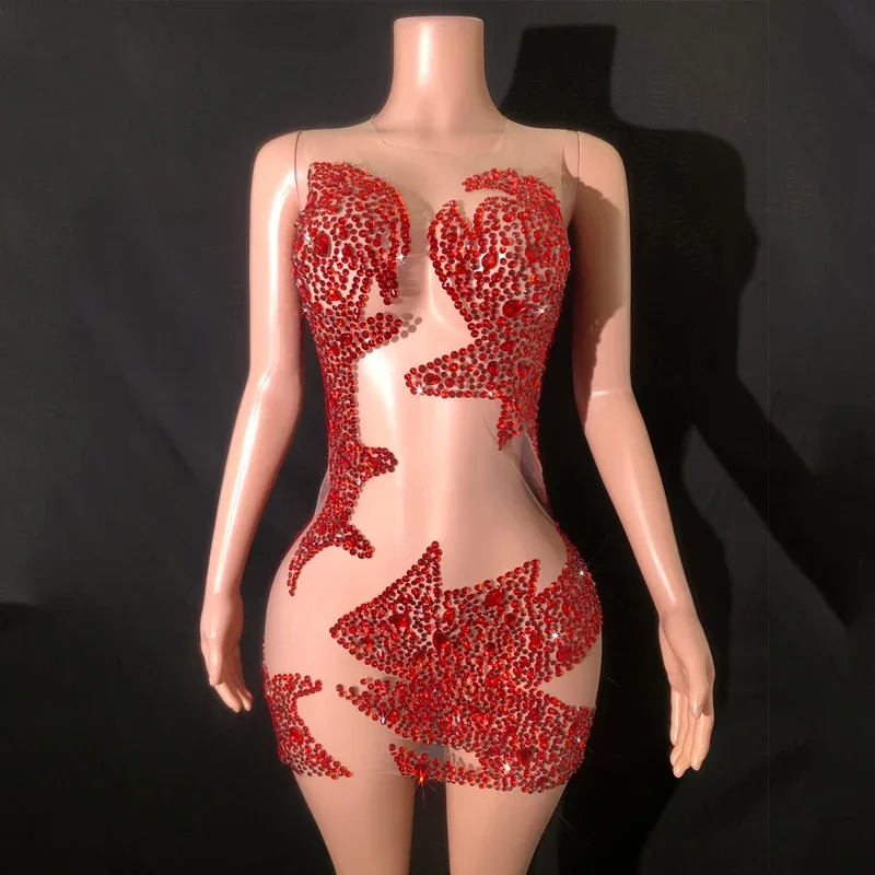 Mode Rot Strass Kleid Frauen Perspektive Pailletten Abendkleid Geburtstag Feiern Kostüm Bühne Abend Outfit XS6585