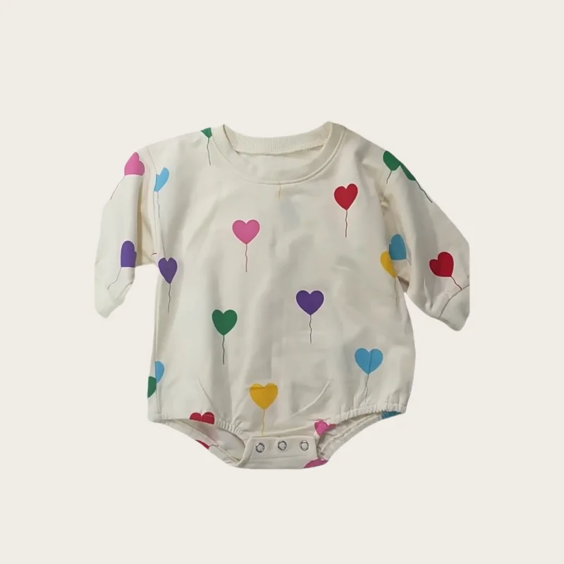 

Toddler Baby Girl 0-2Y Cotton Long Sleeve Romper Colorful Heart Balloon Print Soft Triangular Bodysuit for Daily and Playwear