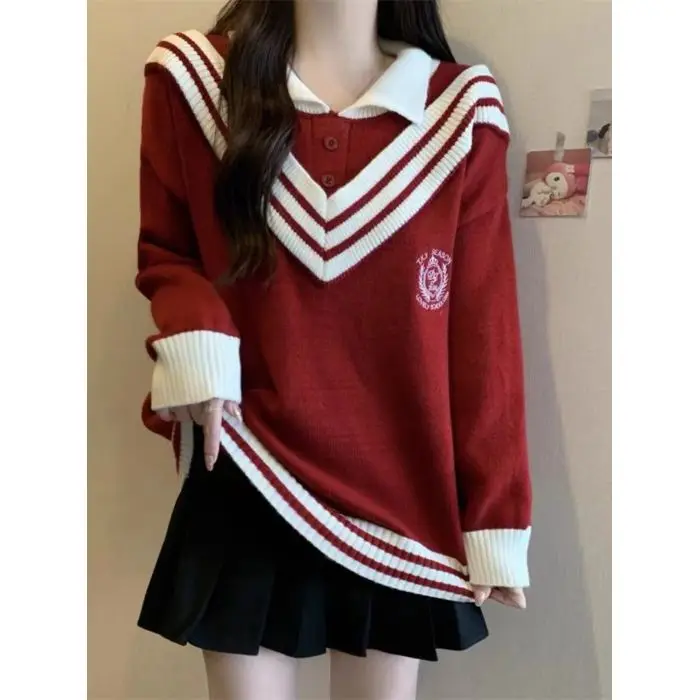 السيدات الخريف الشتاء كسول Sle محبوك سترة مطرزة الملابس الداخلية تنوعا وهمية قطعتين الحلو فضفاضة تناسب طويلة Sve Po... #5