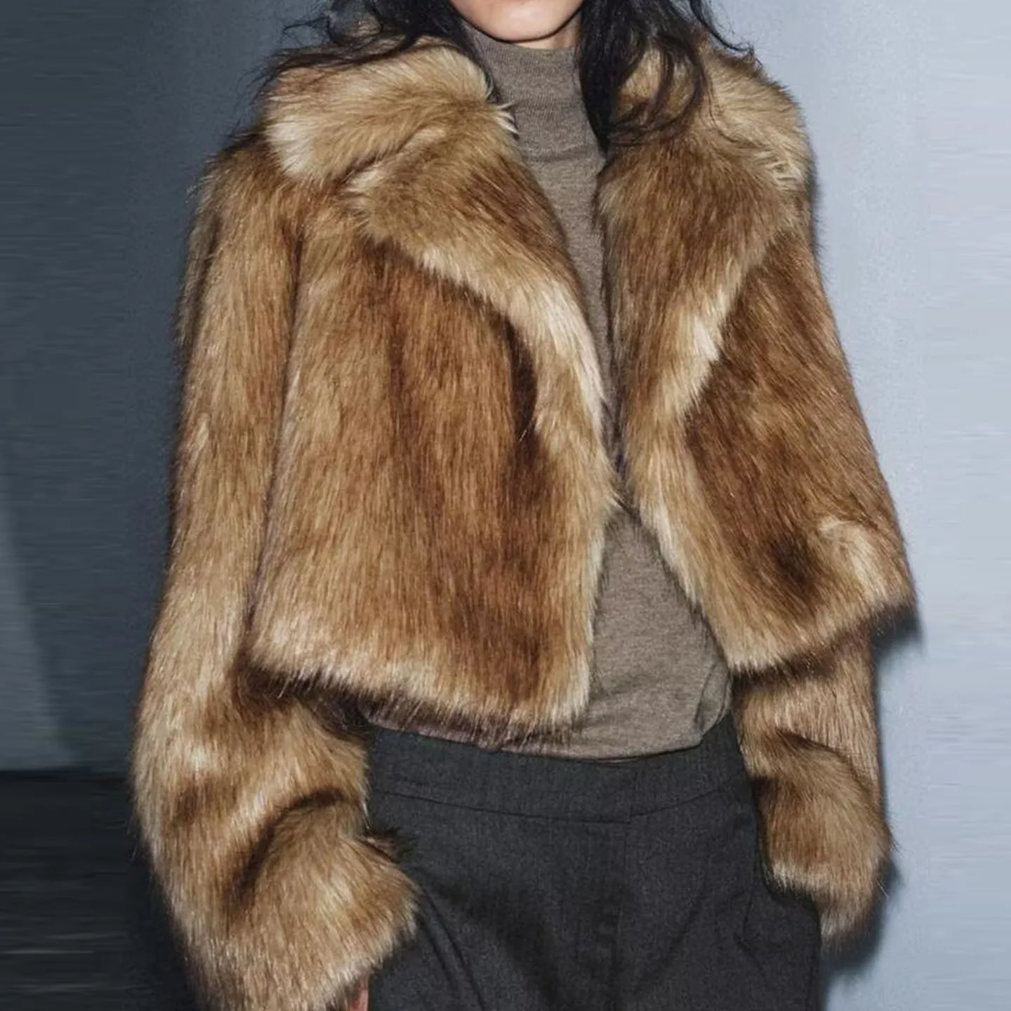 Z Women's ort Artificial Fur Effect Jaet 2025 New Faion Ele Sle Youth Stand Fit Long Sve Coat