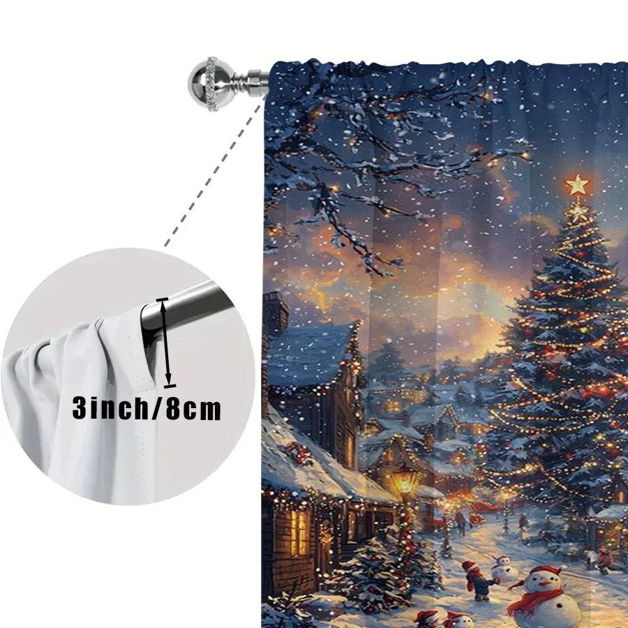 2PCS Christmas Village Curtains, Snowy Night Sleigh Ride Snowman Scene, Warm Holiday Window Drapes for Bedroom Living Room Decor