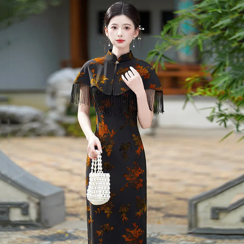 

Черное жаккардовое китайское длинное платье Cheongsam 2025 года, новый облегающий комплект в стиле ретро для молодых женщин, весенне-осеннее платье Ципао