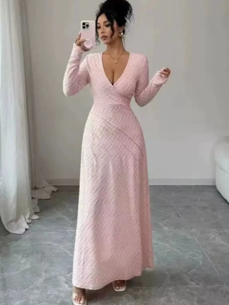 Women Elegant V Neck Long Sleeve Maxi Dress Textured Wrap Bodycon Long Dress Fall Evening Party Formal Long Dresses Robe Femme