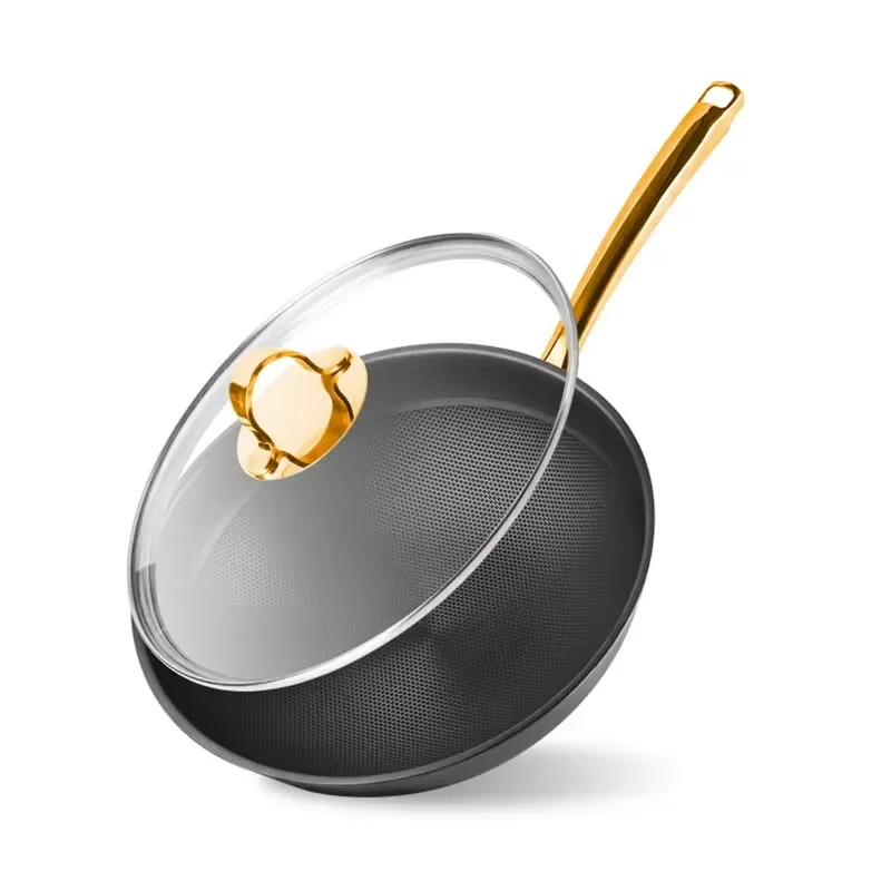 Pure Titanium Frying Pan Uncoated Wok with Black Tempered Glass Lid Modern Sustainable Kitchen Cookware for Healthy Cooking