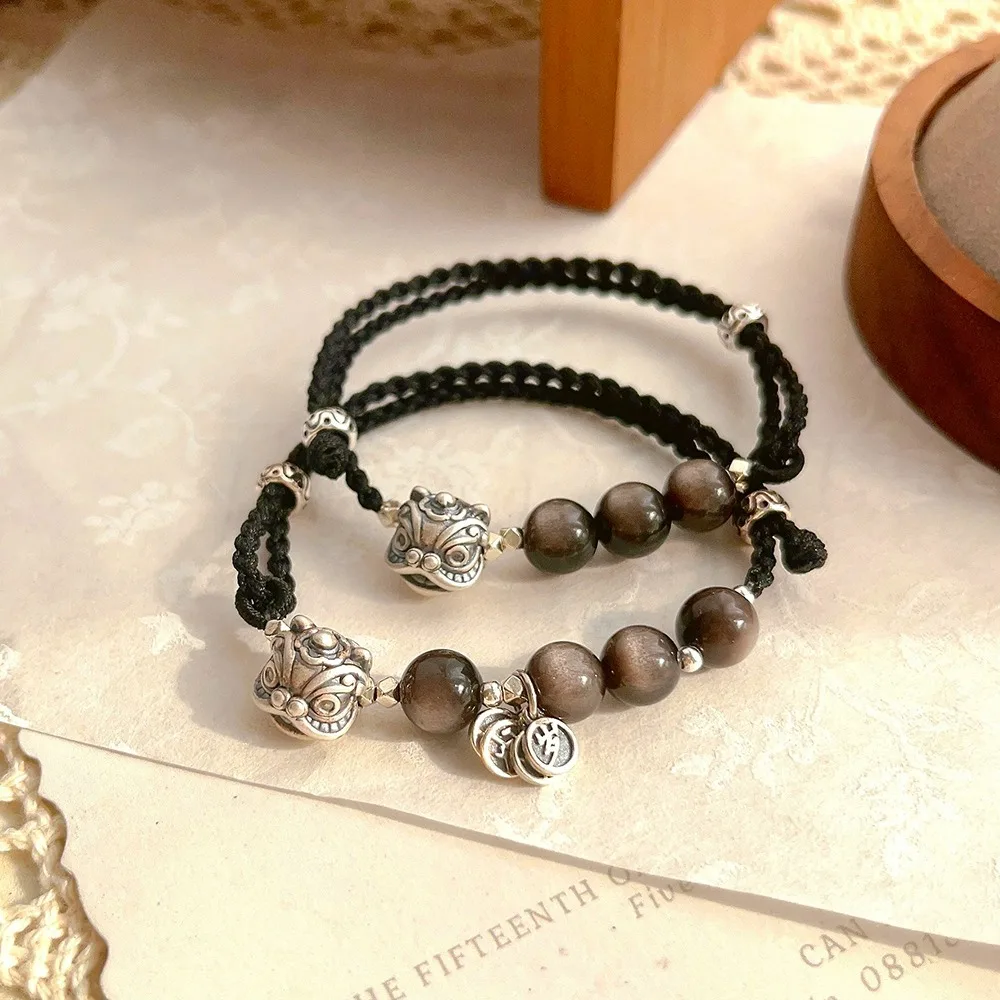 

Оригинальный браслет с кристаллами в китайском стиле для танца льва, серебро 925 пробы, обсидиан, новый китайский браслет из чистого серебра, ювелирные изделия для пары, подарок на фестиваль