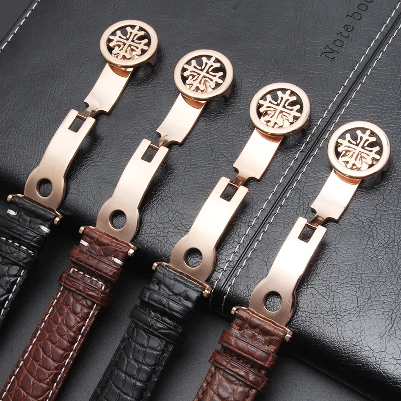 สายหนังจระเข้สีดำ19มม. 20มม. 21มม. 22มม. 24มม. ตะขอพับ PP เหมาะสำหรับนาฬิกา Patek Philippe