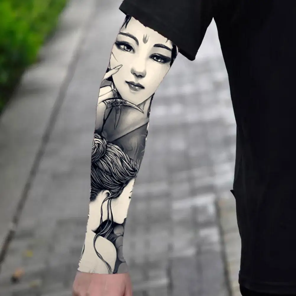 Manga de tatuaje de verano, cubierta de brazo Solar UV, manguito de ciclismo, secado rápido, fresco, transpirable, seda de hielo, protección solar con estampado antiquemaduras solares