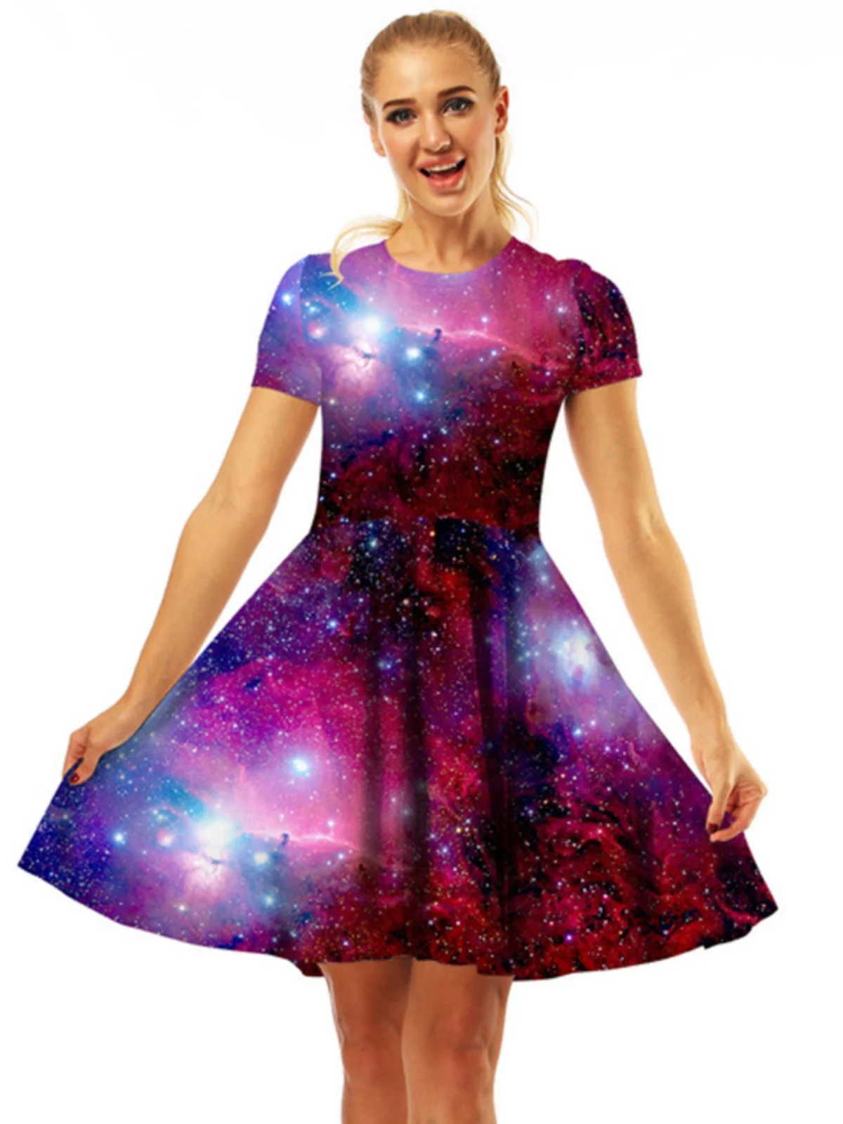 فستان نسائي مطبوع بقصة A مع تنورة ضيقة عند الخصر وأكمام قصيرة بأسلوب الشارع للصيف من قماش واحد 00% #5